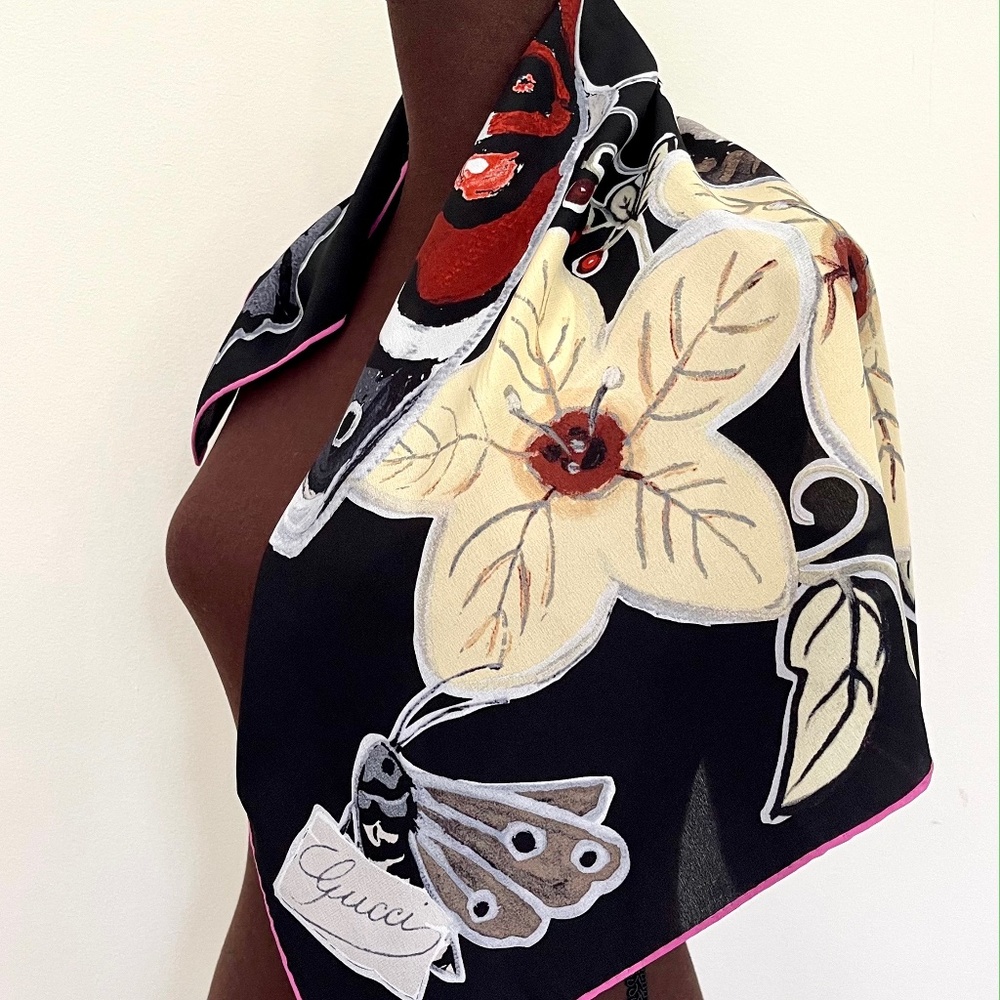 Gucci Black Floral Silk Scarf with Cream & Red Accents
